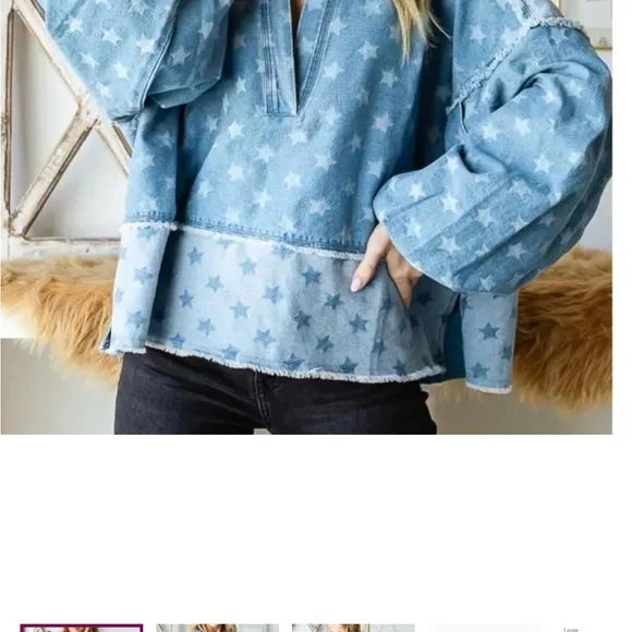 Oli & Hali Blue Star Pattern Denim Top Sz L - Picture 1 of 11